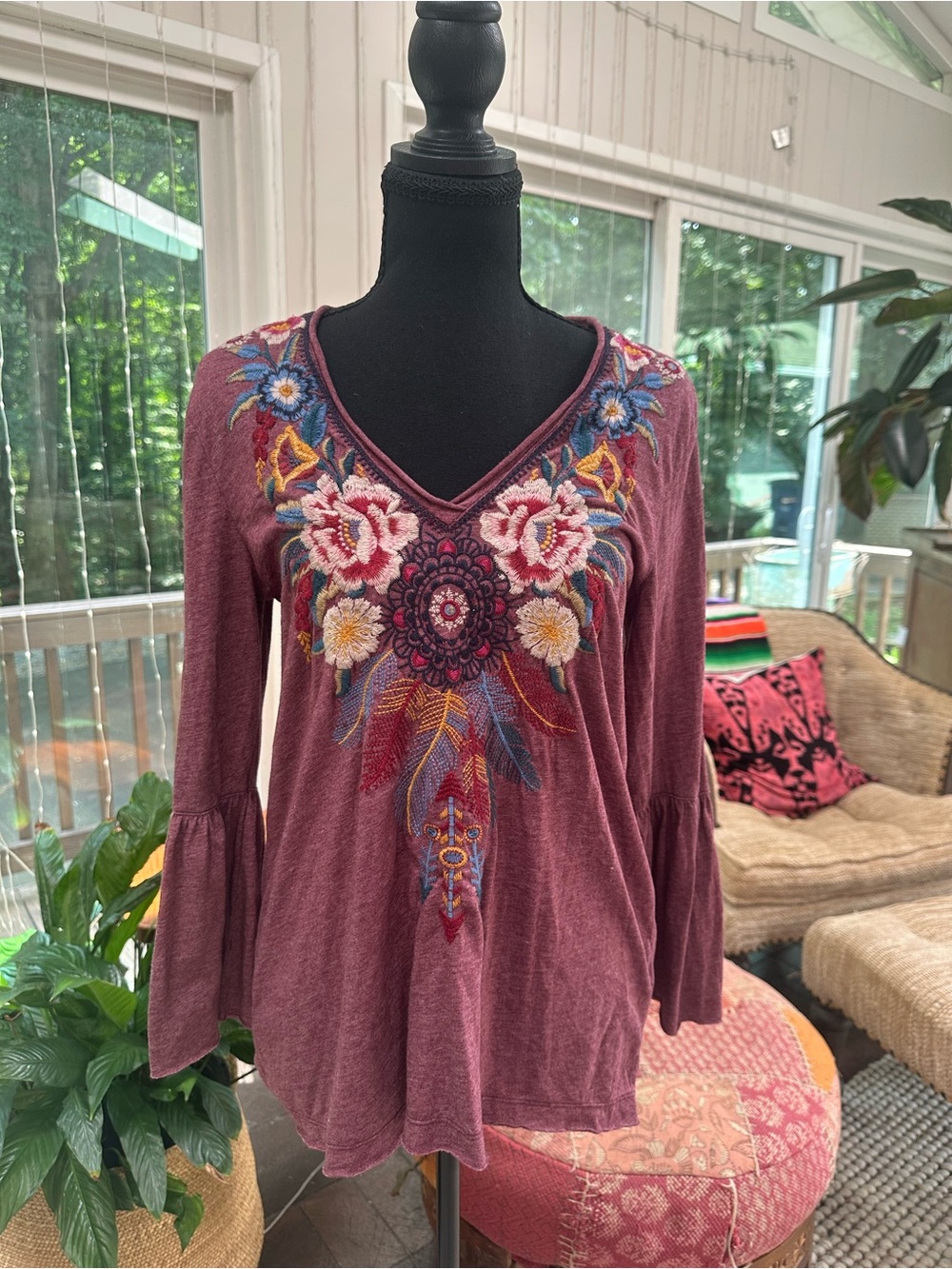 Johnny Was Plum V-Neck Embroidered Boho Tunic